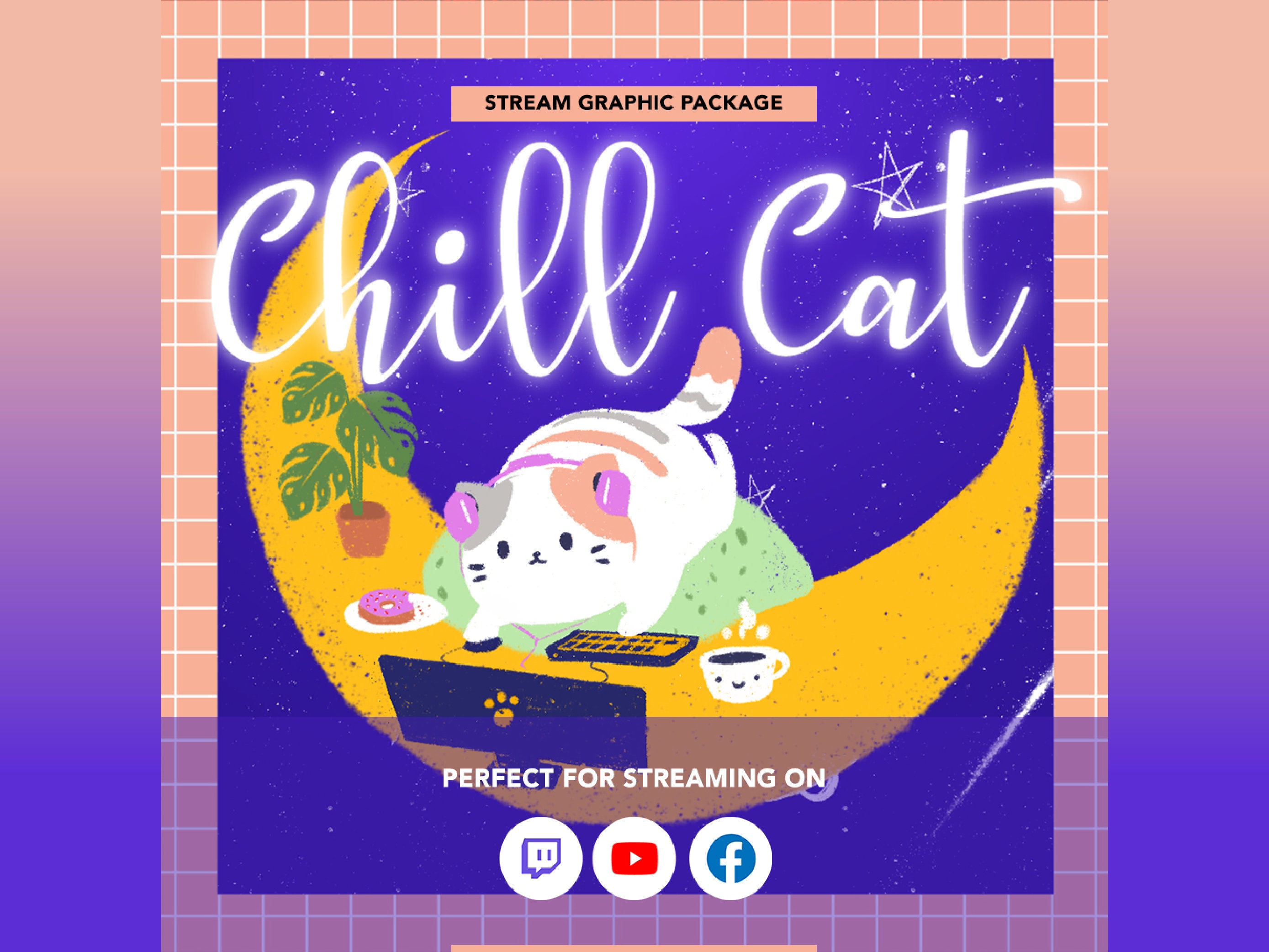 Full Animated Chill Cat Stream Overlay Package. Customizable, Pastel, Cute, Galaxy, Cat, Chill