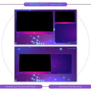 May include: A purple and blue animated Twitch stream overlay with a cyberpunk theme. The overlay features two rectangular frames with a glowing blue border. The text "CYBERPUNK" and "LO-GIRL" is displayed at the top of the overlay. The text "stream pack" is displayed below the title. The text "animated just chat and intermission" is displayed at the bottom left of the overlay. The text "Download and easy setup" is displayed at the bottom right of the overlay.
