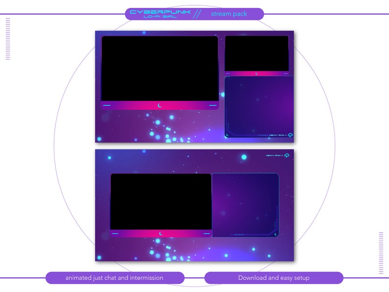 May include: A purple and blue animated Twitch stream overlay with a cyberpunk theme. The overlay features two rectangular frames with a glowing blue border. The text "CYBERPUNK" and "LO-GIRL" is displayed at the top of the overlay. The text "stream pack" is displayed below the title. The text "animated just chat and intermission" is displayed at the bottom left of the overlay. The text "Download and easy setup" is displayed at the bottom right of the overlay.