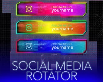 Cyberpunk Neon Glitch Social Media Overlay Widget, Animated Character Rotator for Twitch YouTube Kick TikTok, Animated Socials Widget
