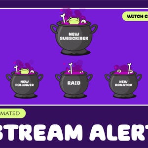 6x witch cauldron animated alerts, magic. alerts for streaming on Twitch overlay, Facebook Gaming overlay, Youtube overlay, kick overlay