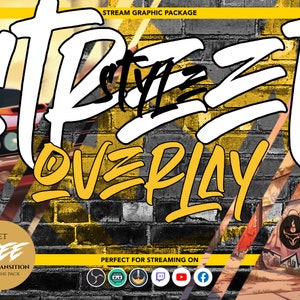 Könnte beinhalten: Ein Grafik-Overlay für das Streaming mit einem gelben und schwarzen Graffiti-Design. Der Text "Street Style Overlay" ist in einer fetten, Graffiti-Schriftart geschrieben. Das Design beinhaltet einen Hintergrund aus Backsteinmauer und ein Auto im Hintergrund. Der Text "Get Free Scene Transition Inside the Pack" ist in einem Kreis mit gelbem Hintergrund geschrieben. Der Text "Perfect for Streaming On" ist unter dem Design geschrieben. Die Logos für Twitch, YouTube und Facebook werden unter dem Text angezeigt.