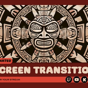 May include: Animated screen transition featuring a stylized, black and white, tribal mask with geometric patterns. The text "ANIMATED SCREEN TRANSITION" is displayed in a bold, orange font. The text "FOR YOUR STREAM" is displayed in a smaller, white font. Social media icons for Twitch, YouTube, TikTok, and Facebook are displayed in the bottom right corner.