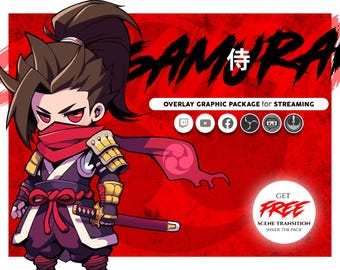 Anime Samurai Stream Overlay Package – Animated Twitch, YouTube, Facebook, Kick Overlay for Streamers, Gamers & VTubers – War Theme