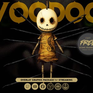 May include: A digital illustration of a voodoo doll with a stitched smile and a yellow dress. The doll is surrounded by black needles. The text "Voodoo" is in gold letters at the top of the image. The text "Get Free Scene Transition Inside The Pack" is in white letters on a gray circle at the bottom right of the image.