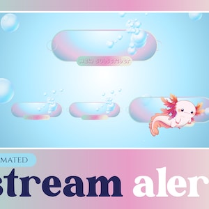 Puede incluir: Gráfico de alerta de transmisión animada con un fondo iridiscente rosa y azul. El gráfico presenta un ajolote de dibujos animados nadando en una burbuja con el texto "NUEVO SUSCRIPTOR" en una burbuja más pequeña debajo.