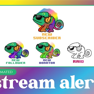 6x party chameleon animated alerts, chill. alerts for streaming on Twitch overlay, Facebook Gaming overlay, Youtube overlay, kick overlay