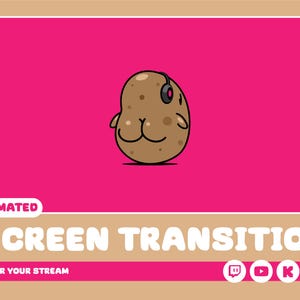 Może przedstawiać: Animowana animacja przejścia ekranu z kreskówkową ziemniakiem w słuchawkach na różowym tle. Tekst "ANIMATED SCREEN TRANSITION FOR YOUR STREAM" jest wyświetlany pod ziemniakiem.