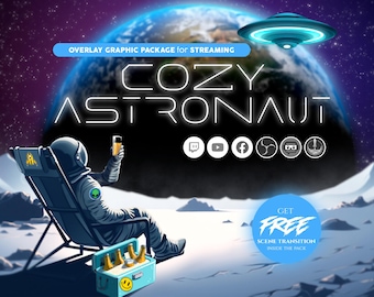 Cozy Stream Overlay Bundle | Astronaut Space Twitch Pack | Lo-Fi Chill Animated OBS Graphics + Free Scene Transition
