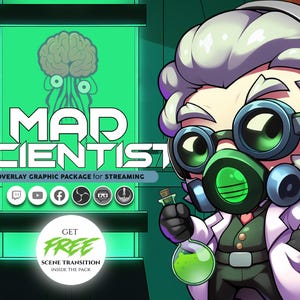 Peut inclure: Graphique de dessin animé pour le streaming avec un savant fou portant des lunettes et un masque à gaz, tenant une fiole de liquide vert. Le fond montre un cerveau dans un réservoir. Le texte indique "Mad Scientist" et "Overlay Graphic Package for Streaming."