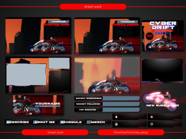 Stream Motorcycle Cyber Drift Animated Stream Overlay Package. Twitch Overlay, Facebook ...