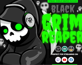 Black Grim Reaper full animated stream overlay graphic package. Twitch, Facebook Gaming, Youtube