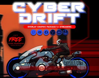 Cyber drift animated stream overlay package. Twitch overlay, Facebook Gaming overlay, Youtube overlay, kick overlay