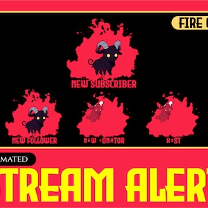 Può includere: Grafica di avviso di streaming animata con un'illustrazione di capra nera in un design a fiamma rossa. Il testo include "Fire Goat", "New Subscriber", "New Follower", "New Donator", "Host" e "Stream Alert".