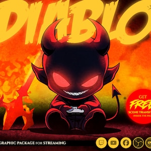 Puede incluir: Un diablo de dibujos animados rojo con cuernos y ojos rojos brillantes está sentado sobre un fondo de fuego. El diablo sostiene un mando de videojuego y el texto "DIABLO" está en letras amarillas sobre el diablo. El texto "GET FREE SCENE TRANSITION INSIDE THE PACK" está en un círculo rojo debajo del diablo. Hay iconos de redes sociales debajo del texto.
