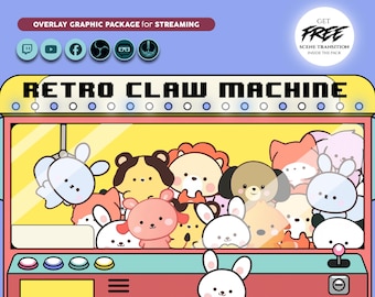 animated stream overlay package, cute, arcade, claw machine. Twitch overlay, Facebook Gaming overlay, Youtube overlay, kick overlay