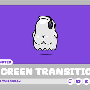 May include: Animated screen transition featuring a white ghost wearing headphones against a purple background. The text "SCREEN TRANSITION" is below the ghost, and the text "ANIMATED" is above the ghost. The text "FOR YOUR STREAM" is below the text "SCREEN TRANSITION".