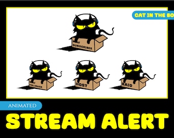 Puede incluir: Gráficos de alerta de transmisión animados con un gato negro con auriculares en una caja. Las cajas tienen texto que dice "Nuevo suscriptor", "Nuevo seguidor", "Anfitrión" y "Incursión".