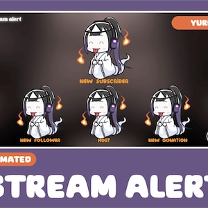 6x yurei ghost animated alerts, cute ghost. alerts for streaming on Twitch overlay, Facebook Gaming overlay, Youtube overlay, kick overlay