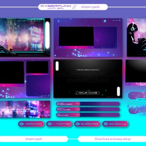 May include: A cyberpunk-themed Twitch stream pack with a purple and blue colour scheme. The pack includes a variety of elements, such as a webcam overlay, a chat box, a donation alert, and a subscribe button. The text "CYBERPUNK LO-FI GIRL" is at the top of the image.