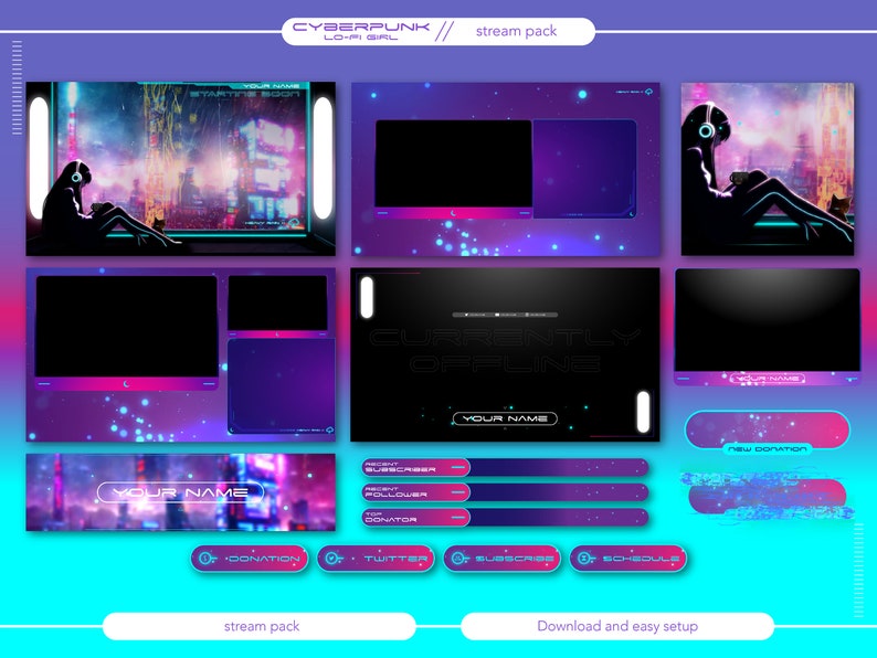 May include: A cyberpunk-themed Twitch stream pack with a purple and blue colour scheme. The pack includes a variety of elements, such as a webcam overlay, a chat box, a donation alert, and a subscribe button. The text "CYBERPUNK LO-FI GIRL" is at the top of the image.