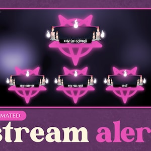 May include: Animated stream alert graphics with a pink pentagram and candles. The text reads "New Subscriber", "New Follower", and "Host".