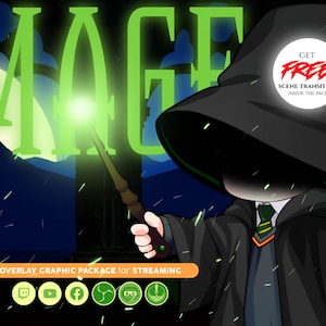 May include: Illustration of a cartoon mage holding a glowing wand, with the word "MAGE" in large green letters. The mage wears a black robe and hat. The image includes the text "GET FREE SCENE TRANSITION INSIDE THE PACK" and "OVERLAY GRAPHIC PACKAGE FOR STREAMING".