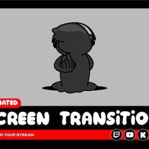 May include: Animated screen transition graphic featuring a dark gray cartoon character with headphones, giving the middle finger. The character is set against a gray background. The word "ANIMATED" is in a red box, and the words "SCREEN TRANSITION" are in white. Below is "FOR YOUR STREAM".
