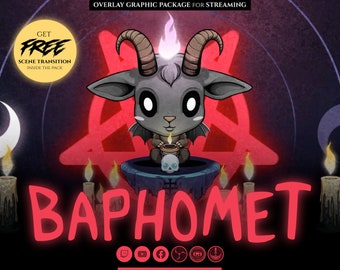 full animated stream overlay package, horror, dark, cute baphomet. Twitch overlay, Facebook Gaming overlay, Youtube overlay, kick overlay