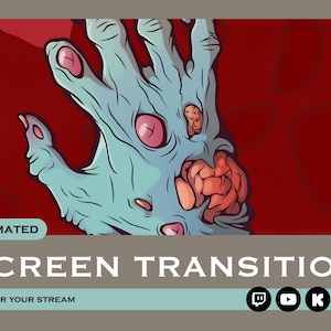 Könnte beinhalten: Animierter Bildschirmübergangseffekt mit einer blauen, fleischigen Hand mit roten und rosa Details vor einem roten Hintergrund. Der Text "SCREEN TRANSITION" wird in Weiß angezeigt, mit den Wörtern "ANIMATED" und "FOR YOUR STREAM" in kleinerer Schrift darüber und darunter. Social-Media-Symbole für Twitch, YouTube, TikTok und Facebook werden in der unteren rechten Ecke angezeigt.