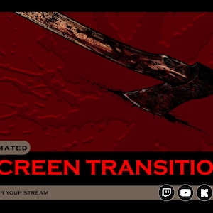 Könnte beinhalten: Animierte Bildschirmübergangs-Grafik mit blutrotem Hintergrund und einer blutbefleckten Axt. Der Text "SCREEN TRANSITION" ist rot, darunter steht "FOR YOUR STREAM". Social-Media-Symbole befinden sich unten.