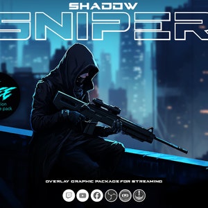 Może przedstawiać: Cyfrowa ilustracja osoby w czarnej kurtce z kapturem i masce trzymającej karabin, z panoramą miasta w tle. Tekst "SHADOW SNIPER" znajduje się w górnej części obrazu. Tekst "GET FREE scene transition inside the pack" znajduje się w kółku w lewym dolnym rogu obrazu. Tekst "OVERLAY GRAPHIC PACKAGE FOR STREAMING" znajduje się w dolnej części obrazu. Ikony mediów społecznościowych dla Twitch, YouTube, Facebook, Mixer i Discord znajdują się pod tekstem.