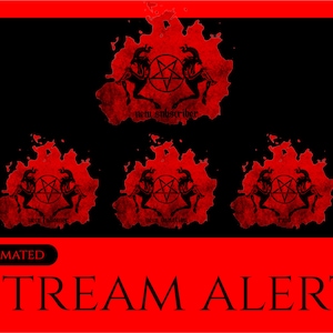 May include: Animated stream alert graphic with a black background and red splatter paint. The graphic features a pentagram with two black horses on either side. The text "new subscriber", "new donation", and "raid" are written below the pentagram.