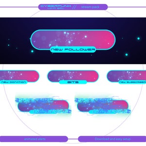 May include: A set of animated Twitch stream alerts in a cyberpunk style with a pink and blue colour scheme. The alerts include "New Follower", "New Donation", "Bits", and "New Subscriber".