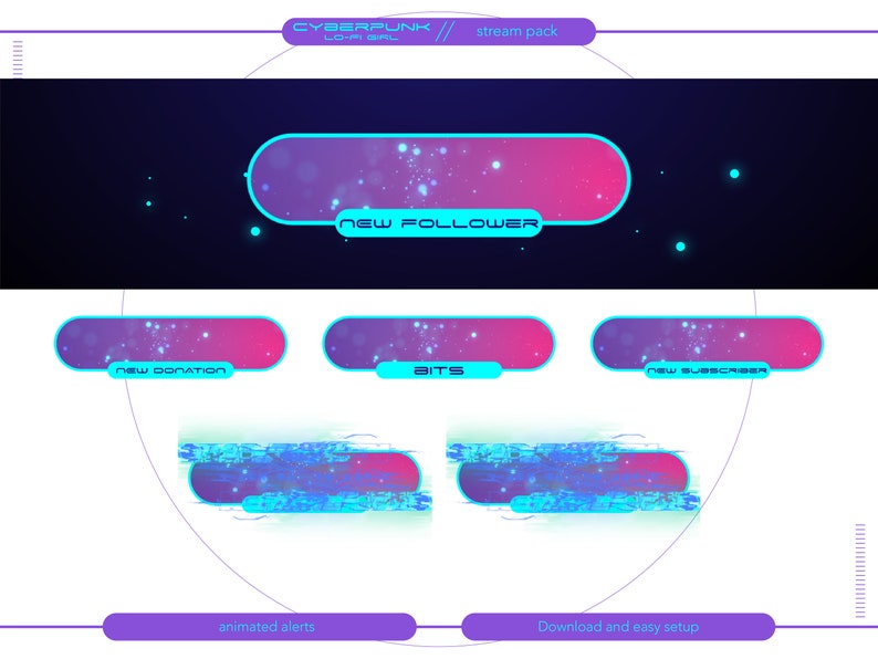 May include: A set of animated Twitch stream alerts in a cyberpunk style with a pink and blue colour scheme. The alerts include "New Follower", "New Donation", "Bits", and "New Subscriber".