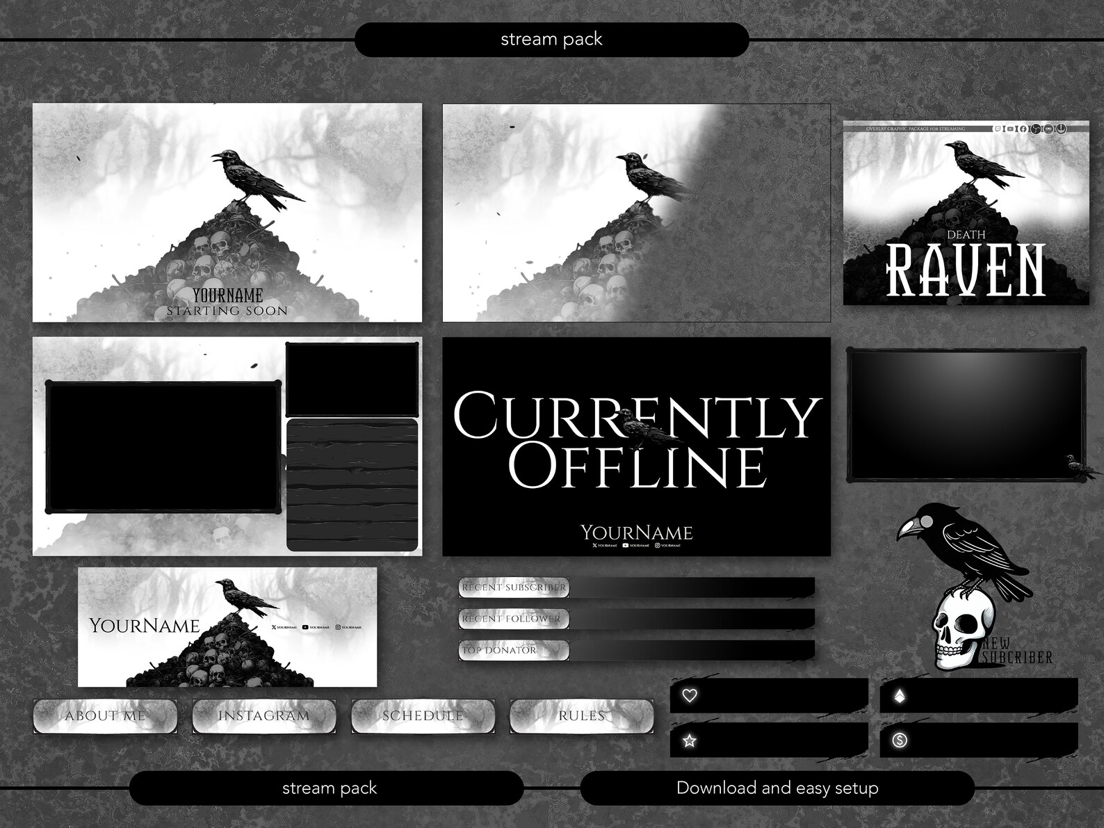 Animated Stream Overlay Package, Dark, Death Raven. Twitch Overlay ...