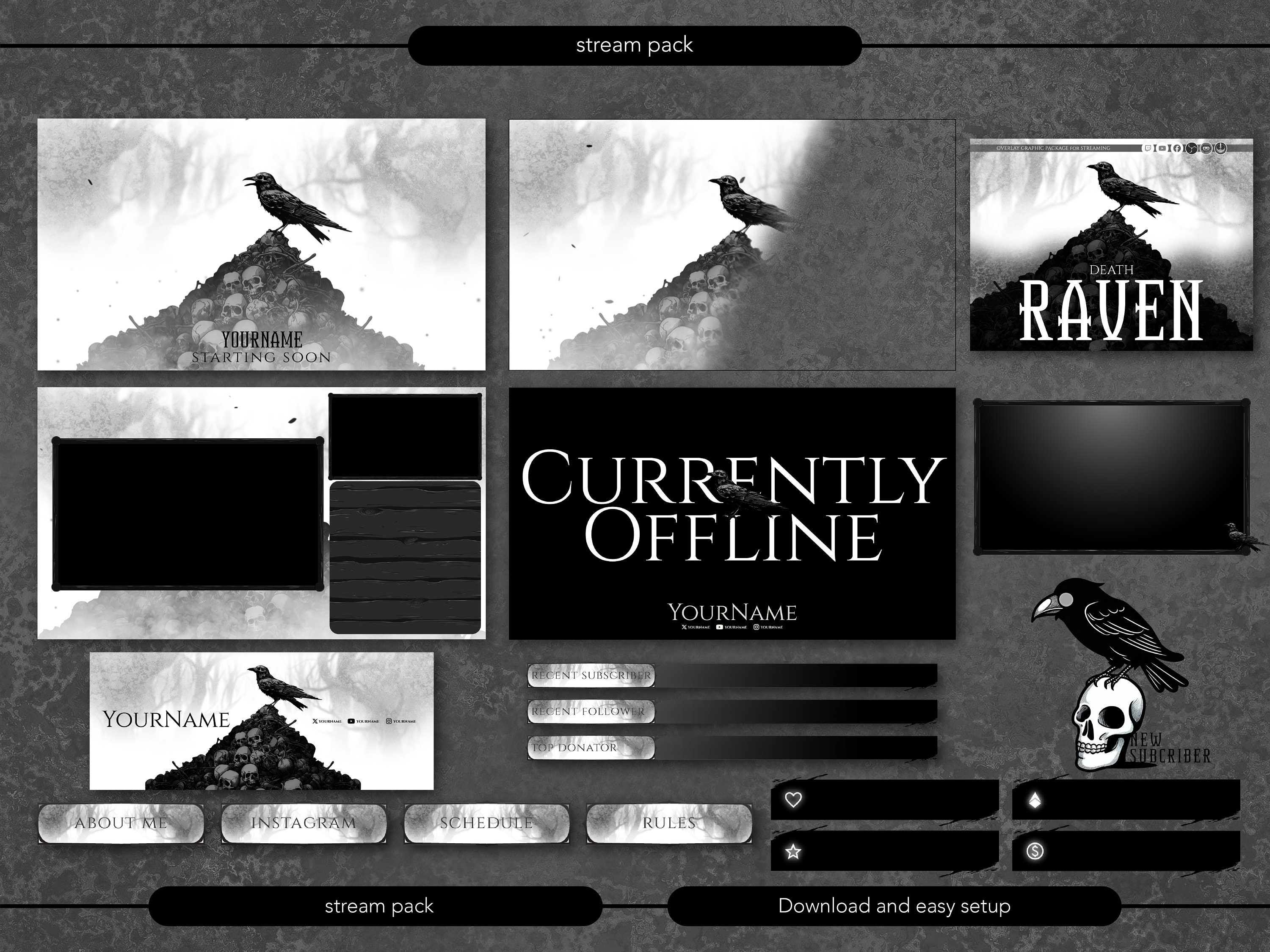 Animated Stream Overlay Package, Dark, Death Raven. Twitch Overlay ...