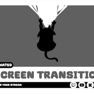 かわいい黒猫が画面を引っ掻くアニメーションシーンの遷移。Twitch、YouTube、Facebook Gaming、Kickでのストリーミング用