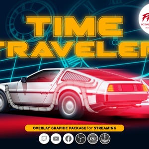 Time Warp Space Stream Overlay-paket, animerad retro sci-fi-grafik för Twitch för streamers och spelare, Twitch YouTube Kick
