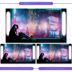 May include: An animated stream pack with a cyberpunk theme, featuring a silhouette of a person wearing headphones and sitting in front of a window with a view of a futuristic city. The text "YOUR NAME" and "STARTING SOON" are displayed on the screen.