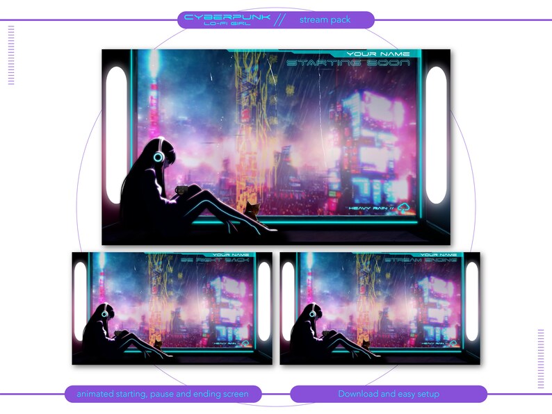 May include: An animated stream pack with a cyberpunk theme, featuring a silhouette of a person wearing headphones and sitting in front of a window with a view of a futuristic city. The text "YOUR NAME" and "STARTING SOON" are displayed on the screen.