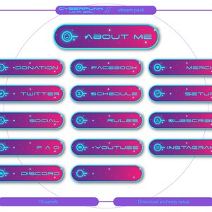 May include: A set of 15 purple and blue Twitch stream panels with neon blue outlines. The panels feature text such as "About Me", "Donation", "Facebook", "Merch", "Twitter", "Schedule", "Setup", "Social", "Rules", "Subscribe", "FAQ", "YouTube", "Instagram", "Discord", and "15 panels".