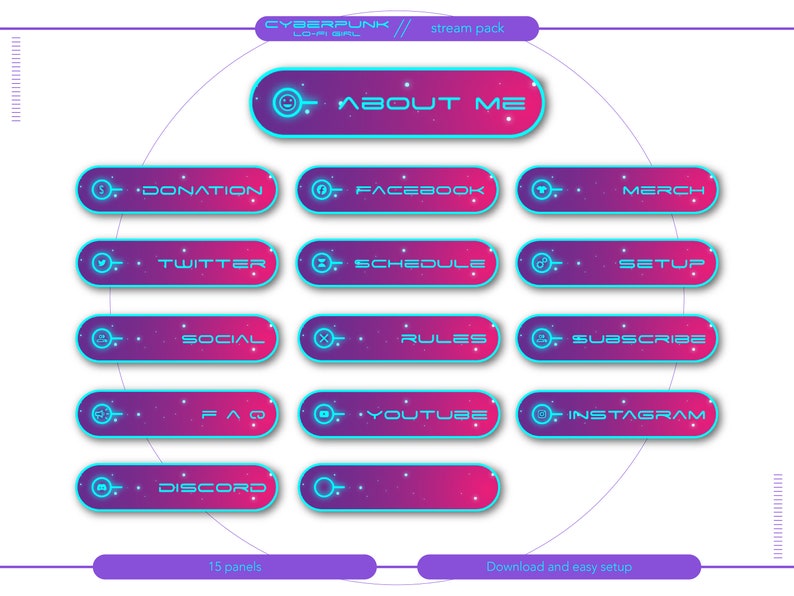 May include: A set of 15 purple and blue Twitch stream panels with neon blue outlines. The panels feature text such as "About Me", "Donation", "Facebook", "Merch", "Twitter", "Schedule", "Setup", "Social", "Rules", "Subscribe", "FAQ", "YouTube", "Instagram", "Discord", and "15 panels".