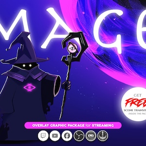 May include: Illustration of a mage in a dark robe and hat, holding a staff with an eye symbol. The word "MAGE" is in glowing white letters. A graphic package for streaming is advertised.
