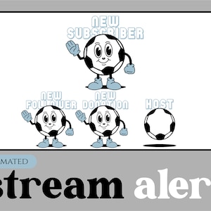 6x retro soccer football animated alerts. alerts for streaming on Twitch overlay, Facebook Gaming overlay, Youtube overlay, kick overlay