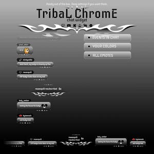 以下が含まれることがあります： Tribal Chromeというタイトルのデジタルチャットウィジェットインターフェースで、メタリックシルバーのトライバルグラフィックヘッダーが付いています。Events in Chat、Your Colors、All Emotesとラベル付けされた3つの長方形ボタンと、ダークグレーのテーマで表示されるユーザー名、バッジ、テキストメッセージを含むシミュレートされたチャットフィードが特徴です。