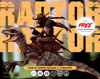Raptor Rider, wild dinosaur Animated Stream Overlay Package: Twitch, YouTube, Facebook gaming, Kick