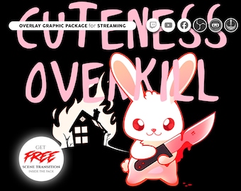 Puede incluir: Un conejo de dibujos animados rosa y blanco sosteniendo un cuchillo ensangrentado con el texto "Cuteness Overkill" en letras rosas. El conejo está frente a un fondo negro con una casa en llamas en el fondo. El texto "Overlay Graphic Package for Streaming" está en la parte superior de la imagen.
