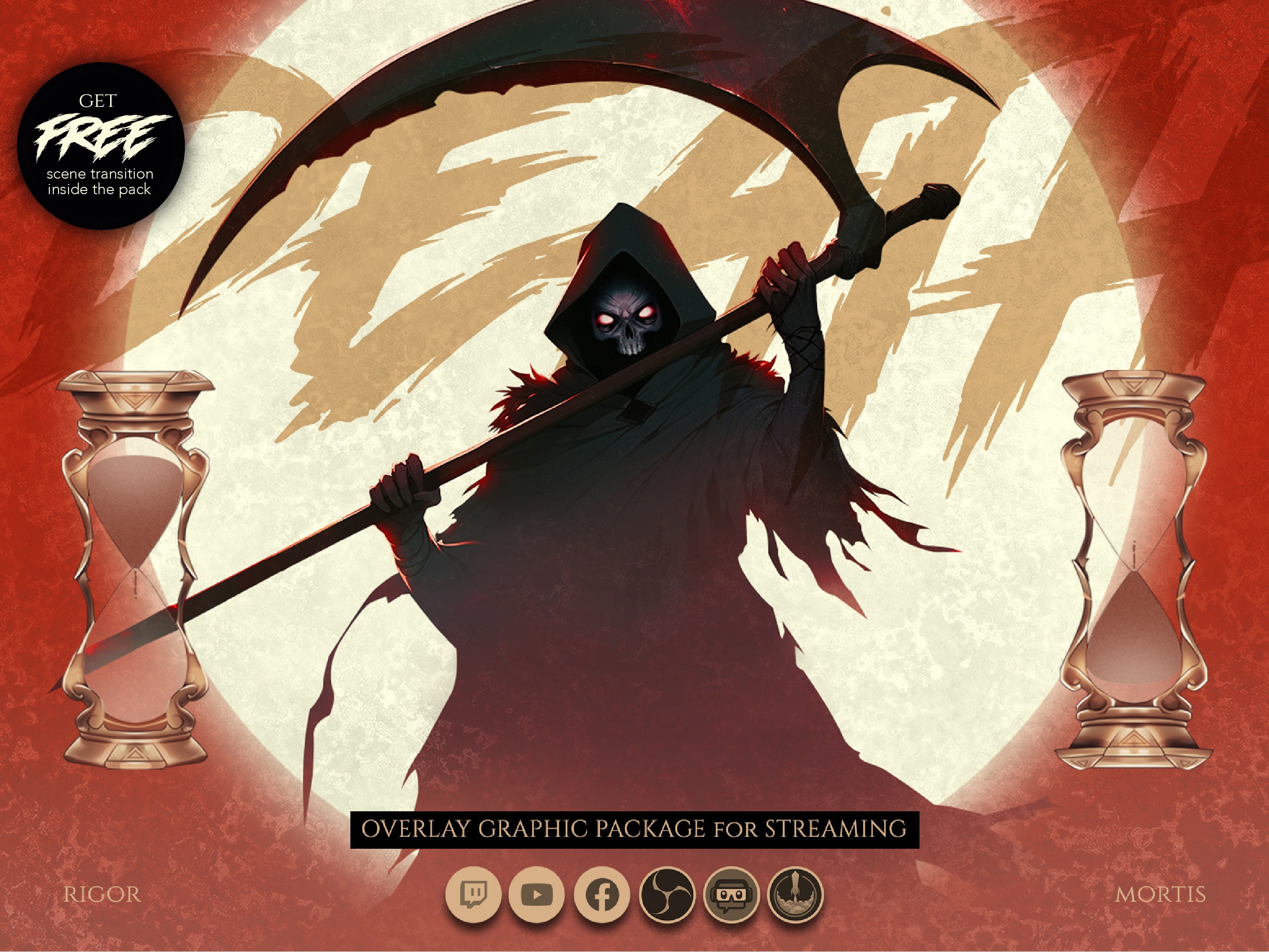 full animated stream overlay package, dark, Grim reaper, Death. Twitch overlay, Facebook Gaming overlay, Youtube overlay, kick overlay