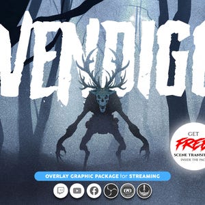 Op de afbeelding: Digitale illustratie met het woord "WENDIGO" in witte letters. De afbeelding toont een skeletachtig wezen met geweien in een donker bos. Bevat een grafisch pakket voor streaming.